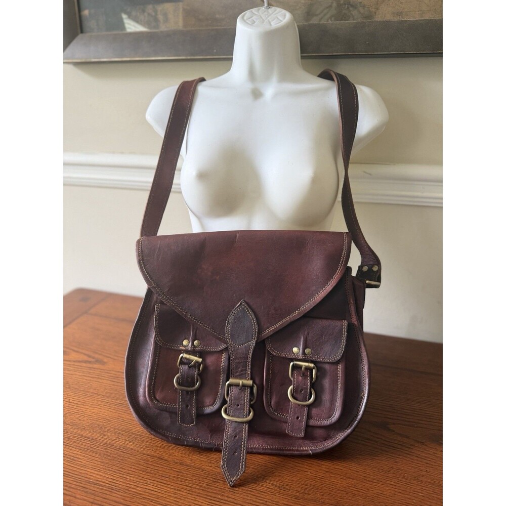 Vintage Style Leather Satchel Crossbody Bag Brown Brass Buckles Artisan Crafted